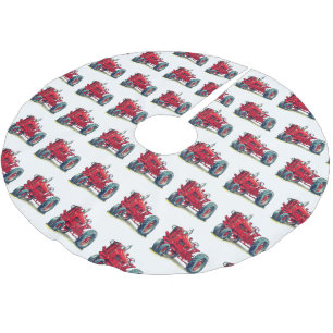 Falda Para El Árbol De Navidad De Poliéster Tractor de granja roja con ojos