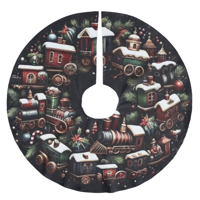 Falda Para El Árbol De Navidad De Poliéster Tren acuarela sobre Navidades negros (Anverso)