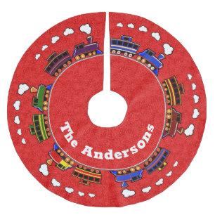 Falda Para El Árbol De Navidad De Poliéster Trenes de juguete personalizados y coloridos sobre