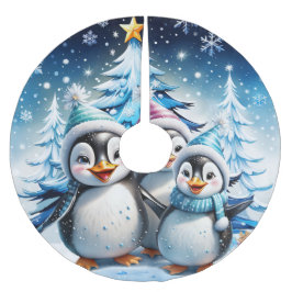 Falda Para El Árbol De Navidad De Poliéster Tres adorables pingüinos