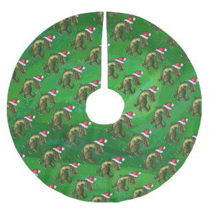 Falda Para El Árbol De Navidad De Poliéster TRex en Santa Hat en Green