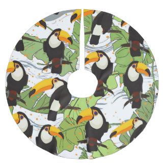 Falda Para El Árbol De Navidad De Poliéster Tropical Toucan, palmas verdes, patrón vintage.