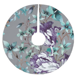 Falda Para El Árbol De Navidad De Poliéster Tulipanes Violetas: Flores Gris
