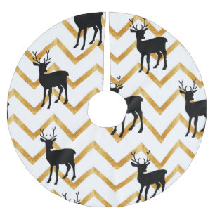 Falda Para El Árbol De Navidad De Poliéster Venado negro, patrón de textura dorada.