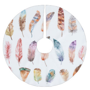 Falda Para El Árbol De Navidad De Poliéster Vibrantes plumas Boho: Ilustracion acuarela