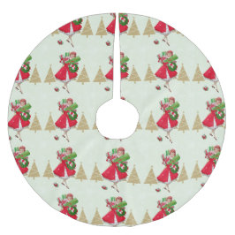Falda Para El Árbol De Navidad De Poliéster Vintage Christmas Lady presenta el oro verde rojo