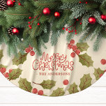 Falda Para El Árbol De Navidad De Poliéster Vintage Christmas Watercolor Holly deja Monograma<br><div class="desc">Holly de color de agua de Navidad Vintage deja falda de árbol de poliéster cepillado monograma. Navidades de estilo añejo lindo falda de árbol de vacaciones. Personalice este diseño con el nombre de su familia personalizado.</div>
