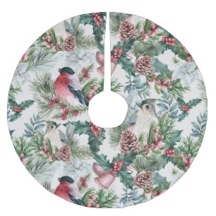 Falda Para El Árbol De Navidad De Poliéster Vintage estampado floral de pinos y aves navideñas