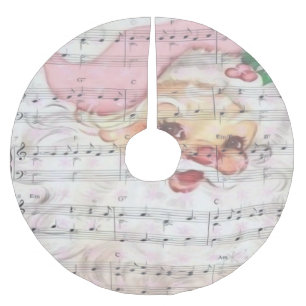 Falda Para El Árbol De Navidad De Poliéster Vintage Santa Claus con notas musicales