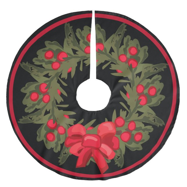 Falda Para El Árbol De Navidad De Poliéster Watercolor Holly Berry Wreath & Red Ribbon (Anverso)