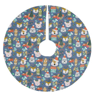 Falda Para El Árbol De Navidad De Poliéster Woodland Cute Santa Animals Denim Blue