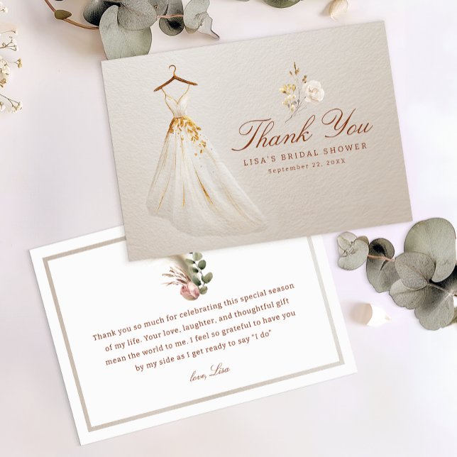 Fall Bridal Shower Flat Gracias tarjeta con vestid (Thank you card)