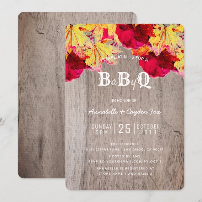 Fall deja Wood BaByQ Invitación a Baby Shower BBQ (Anverso / Reverso)