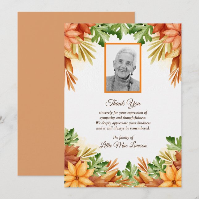 Fall Floral Funeral Memorial Gracias Cartas (Anverso / Reverso)
