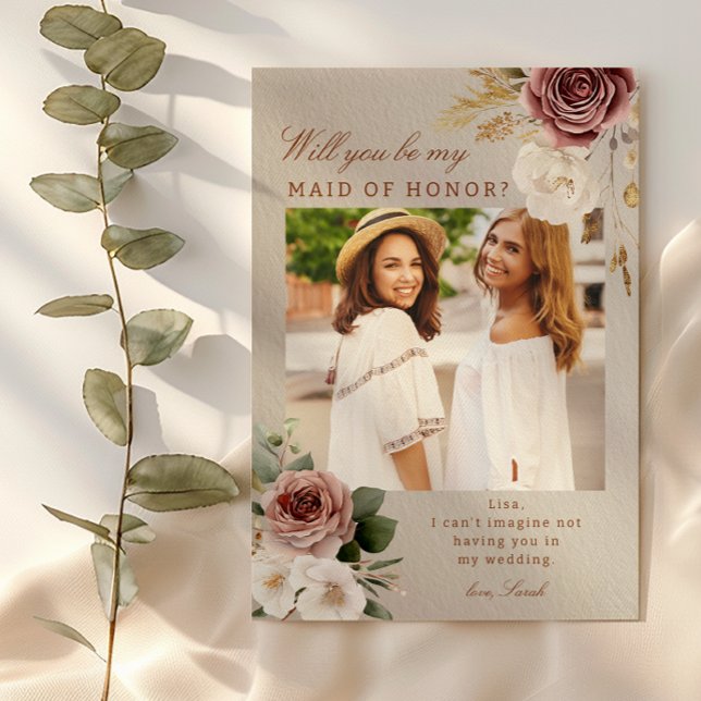 Fall Floral Maid of Honor Propuesta Tarjeta fotogr (Will you be my...)