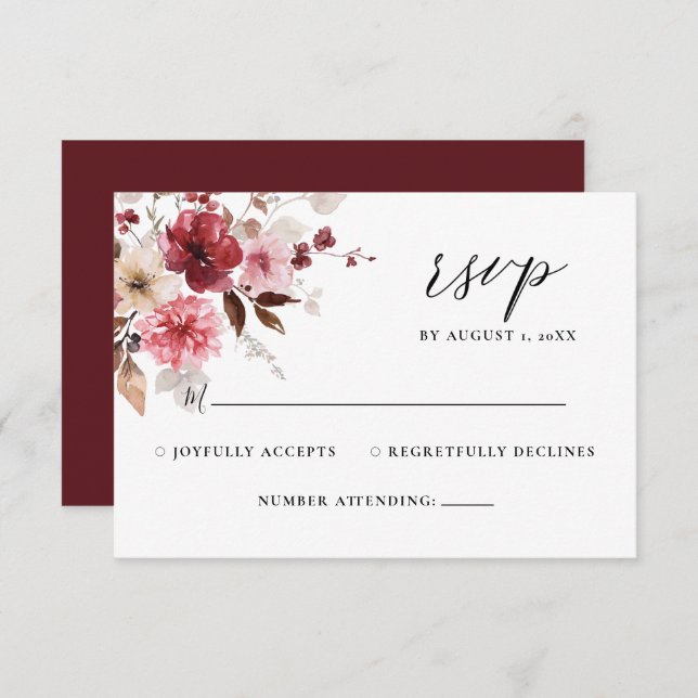 Fall Maroon Rubor Rustic Floral Wedding RSVP (Anverso / Reverso)
