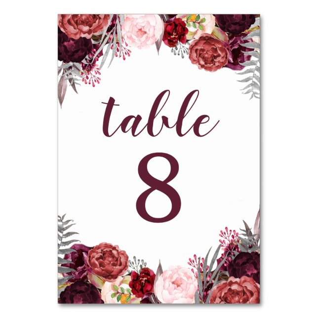 Fall Marsala Peony Boda Número de tarjetas (Anverso)