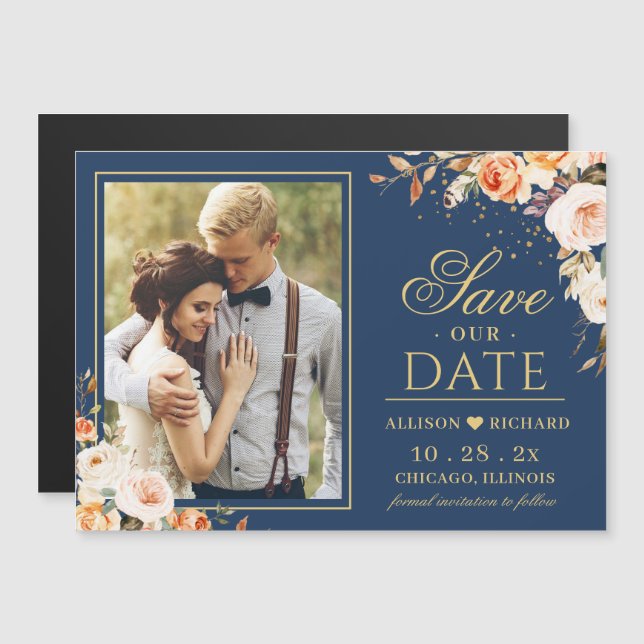 Fall Night Gold Floral Photo Save the Date Magnet (Anverso/Reverso)