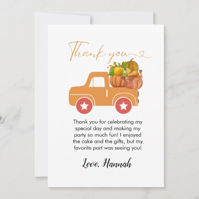Fall pumpkin cumpleaños tarjeta de agradecimiento (Anverso)