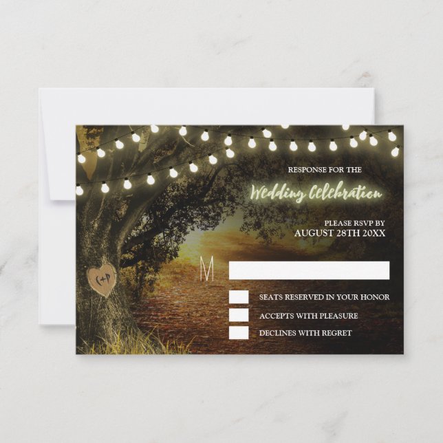 Fall String Lights Oak Tree Wedding Tarjetas RSVP (Anverso)
