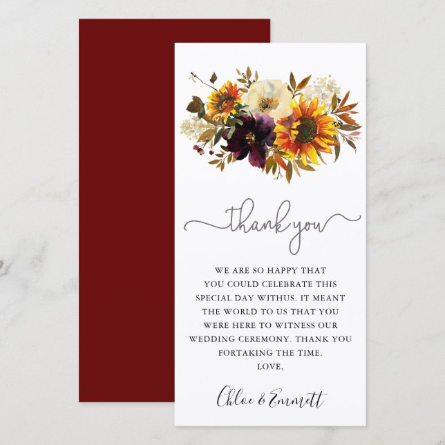 Fall Sunflower Burgundy Floral Boda Gracias (Anverso / Reverso)