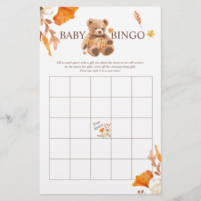 Fall Teddy Bear BINGO Baby Shower Game Flyer (Frente)