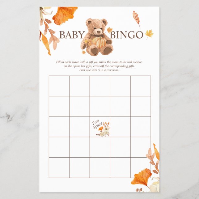 Fall Teddy Bear BINGO Baby Shower Game Flyer (Frente)
