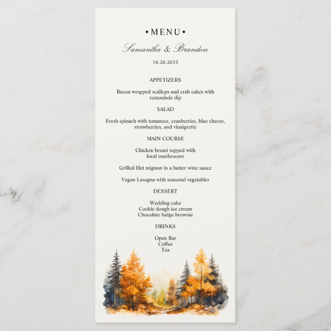 Fall Woodland, Autumn Forest Boda Dinner Menu (Anverso)