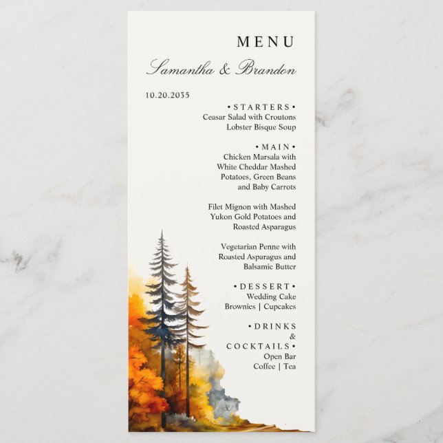 Fall Woodland, Autumn Forest Boda Dinner Menu (Anverso)