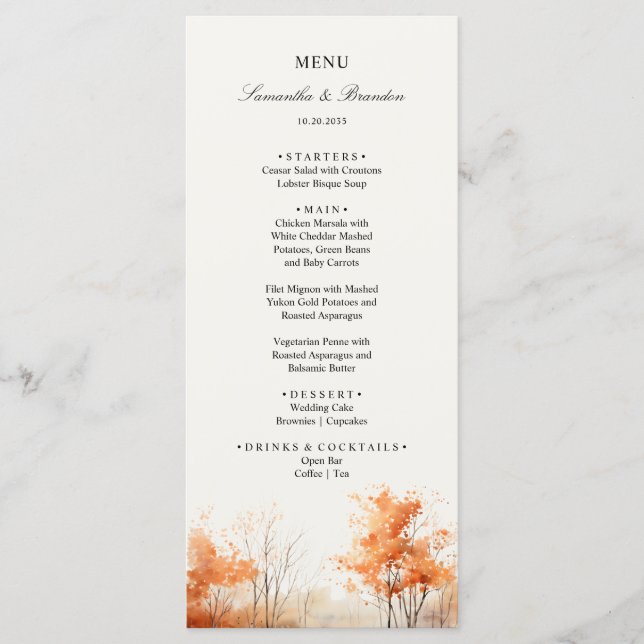 Fall Woodland, Autumn Forest Boda Dinner Menu (Anverso)