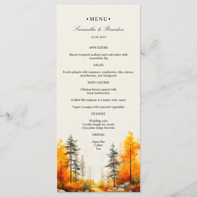 Fall Woodland, Autumn Forest Boda Dinner Menu (Anverso)