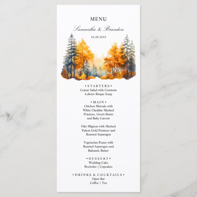 Fall Woodland, Pine Trees Autumn Forest Menu (Anverso)