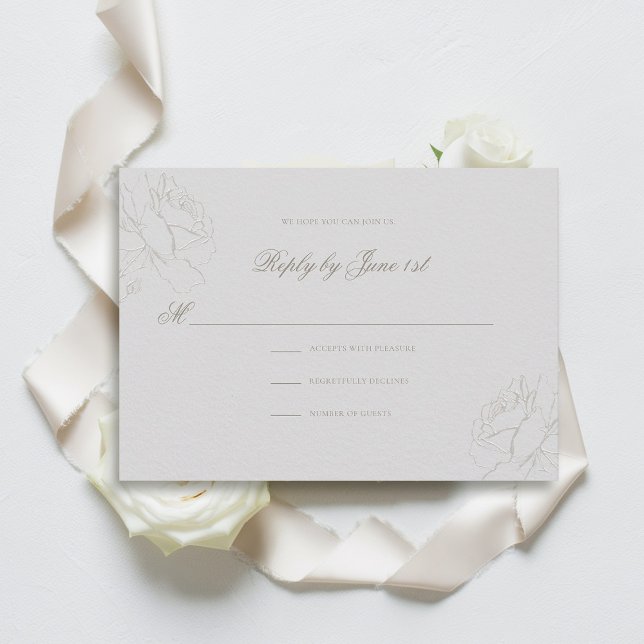 Falsa respuesta de Rosas Grabado en relieve Bodas  (formal wedding response card traditional reply ivory faux embossed roses elegant modern classic)