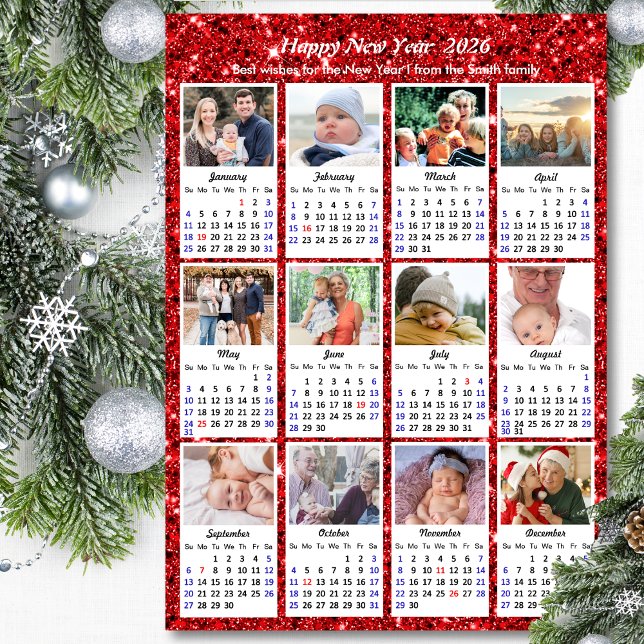 Familia Calendario 2026 12 Foto Purpurina Rojo Mod (Subido por el creador)