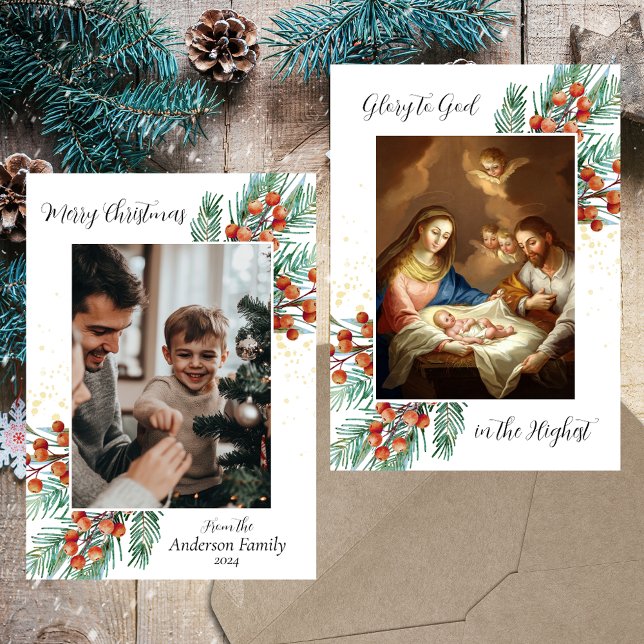 Familia cristiana religiosa Foto Feliz Navidad (Baroque Nativity Scene Religious Christian Catholic Christmas Green Holly Photo Holiday Card)