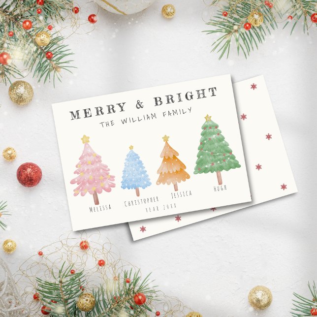 Familia de Árbol de Navidad acuarela de 4 no foto (Watercolor Christmas Tree Family of 4 Non Photo Holiday Card)