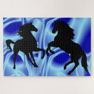 Familia de Caballos Rompecabezas Fantasía Azul