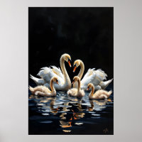 Familia de cisnes en obra de arte del lago negro