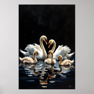 Familia de cisnes en obra de arte del lago negro
