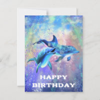 Familia de delfines con tarjeta de cumpleaños feli
