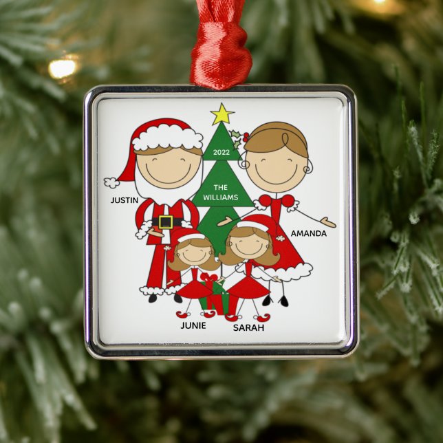 Familia de figuras de palo de 4 adornos navideños (Árbol)