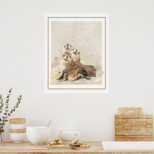 Familia de focas acuarela arte de animales marinos