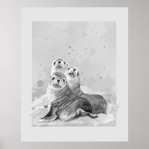 Familia de focas al acuarela arte de animales mari
