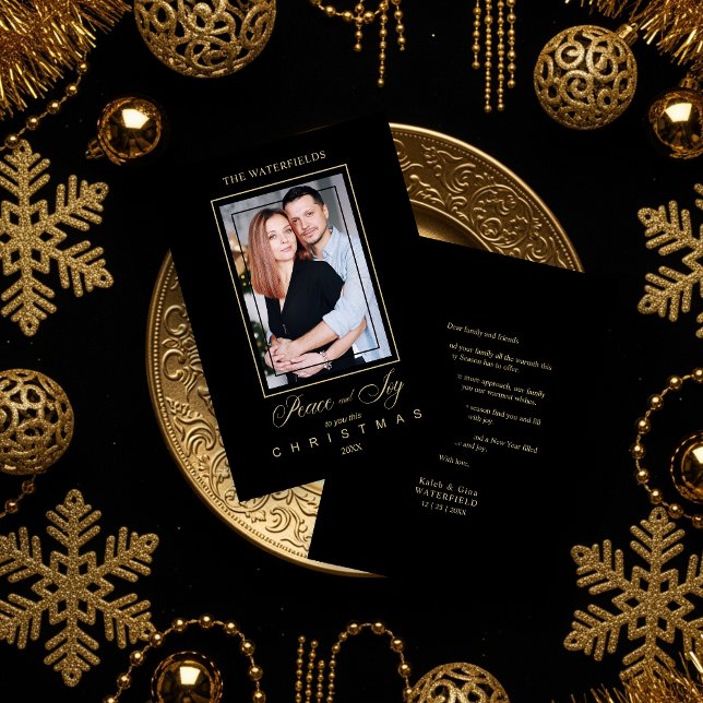 Familia de fotos de Navidades modernos, simples y  (Gold Black Minimalist Modern Christmas Photo Family Holiday Cards.)
