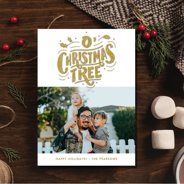 Familia de fotos de oro del árbol de Navidad  (Oh Christmas Tree Gold Photo Family Holiday Card)