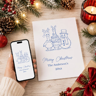 Familia de gansos de Navidad Doodle azul moderno