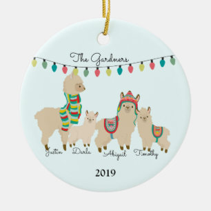 Familia de Llama de cuatro Navidades ornamento cer