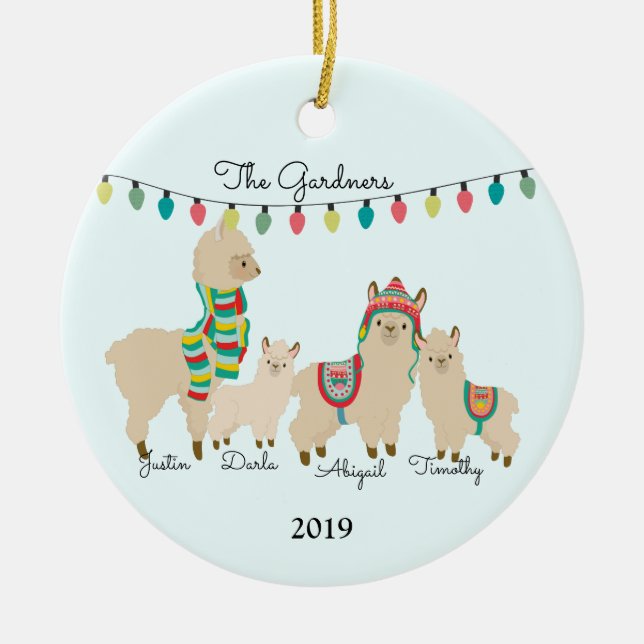 Familia de Llama de cuatro Navidades ornamento cer (Frente)