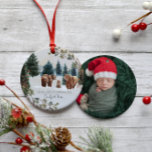 Familia de los Tres | Primer ornamento navideño<br><div class="desc">La primera Navidad perfecta para la primera Navidad de tu familia con tu recién nacido. Nuestros adornos navideños personalizados cuentan con encantadoras acuarelas rústicas familiares de osos, su nombre familiar y también está personalizado con su foto en la parte trasera. Añada la redacción de su personalizado a este diseño utilizando...</div>