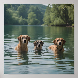 Familia de perros nadando en el lago - Arte natura